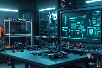 Fototapeta premium Technicians diligently work in a futuristic workshop, surrounded by high-tech tools and drones