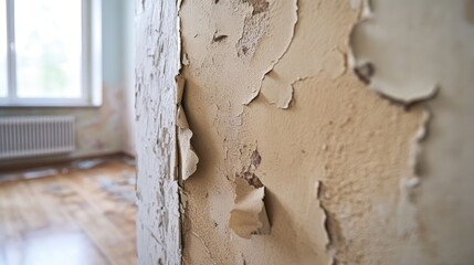 Close up of a deteriorated interior wall with peeling paint and textures highlighting neglect in home maintenance and renovation needs