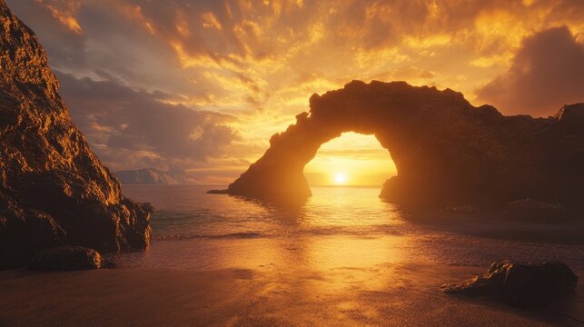 Sunset glow through natural arch along the coastline creating a serene beachscape with vibrant sky reflections and tranquil ocean waves