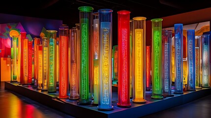 Rainbow-colored glass tubes arranged in a modern artistic display with soft lighting.