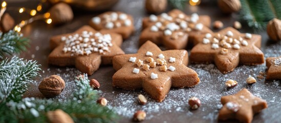 Delicious homemade star-shaped cookies decorated with nuts and toffee for festive celebrations and gatherings