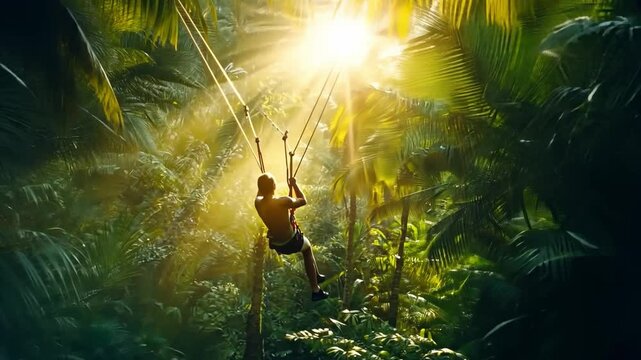 Explore the beauty of nature with this vivid jungle scene. A person swings under warm sunlight. The image evokes freedom and adventure among rich greenery. Generative AI