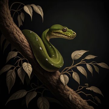 Close-Up of Vibrant Green Tree Python Coiled