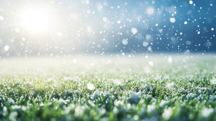 Fototapeta premium Football field grass texture under spring sun with bright rays and contrasting winter snowflakes creating a dynamic seasonal landscape.