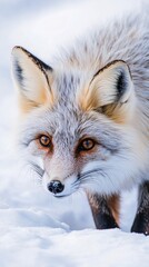 Fototapeta premium Arctic fox prowling through snow, its piercing eyes and fluffy fur highlighted in a winter setting