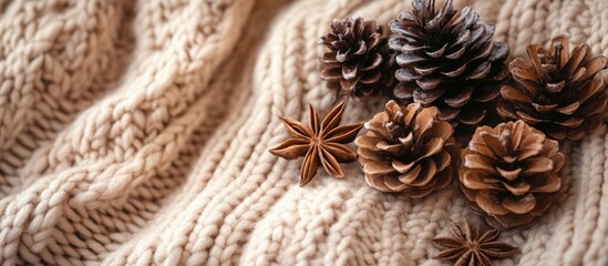 Stylish pine cones and star anise on a rustic knitted sweater background creating a cozy winter atmosphere with space for seasonal text