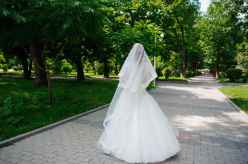 Elegant Bride Walking in a Lush Green Park