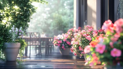 Summer terrace with blooming flowers and transparent rain protection creating a cozy outdoor dining atmosphere.