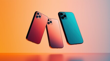 Three smartphones floating on orange background with gradient colors