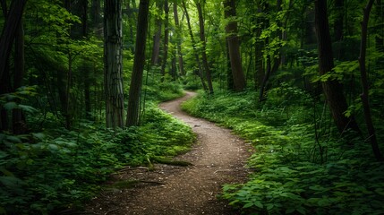 Fototapeta premium Serene Forest Path Through Lush Greenery and Tall Trees