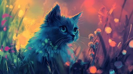 Blue Kitten in Vibrant Sunset Meadow