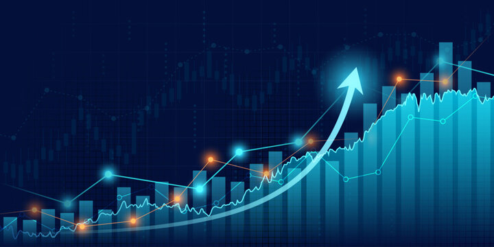 Abstract financial graph with uptrend line arrow and bar chart of stock market on blue color background