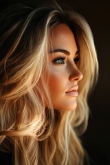 Fototapeta premium Blonde model posing with long wavy hair and freckles in profile view