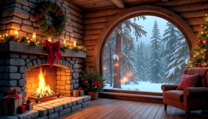 Fototapeta premium Rustic Fireplace with Pine Garland and Snowy Forest