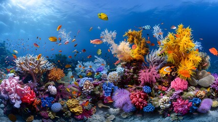 Fototapeta premium Vibrant Coral Reef Underwater Scene with Colorful Fish and Plants
