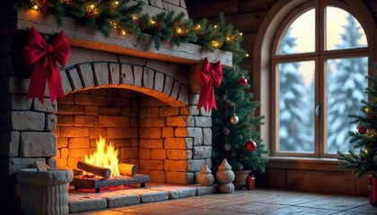 Rustic Fireplace with Pine Garland and Snowy Forest