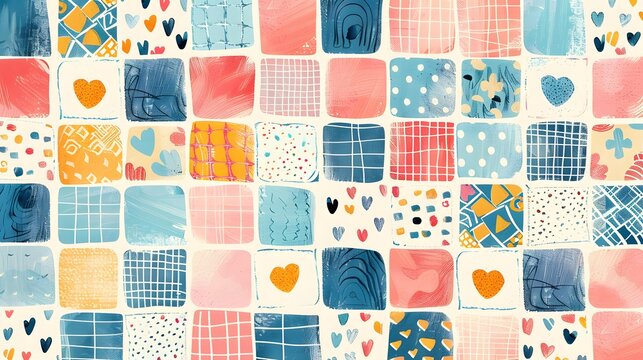 Colorful Patchwork Pattern with Hearts and Geometric Shapes