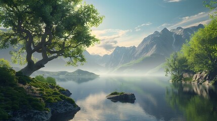 Serene Mountain Lake at Sunrise with Lush Green Trees and Mist
