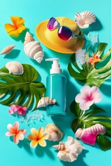 Summer vibes with vibrant shampoo bottle surrounded by tropical decorations and seashells on bright blue backdrop