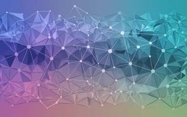 Abstract polygonal network background with connecting dots and lines in blue, purple, and green gradient.