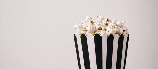 Striped popcorn container filled with buttery popcorn on a light background perfect for cinema and snack-related themes