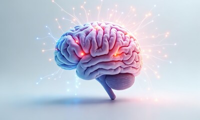 A glowing 3D-rendered brain with colorful neural connections lighting up, symbolizing active thinking and creativity. The clean white background highlights the intricate pathways and vibrant energy.