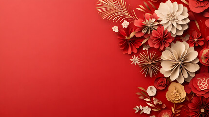 Obraz premium Festive floral design with red and cream paper flowers on vibrant background