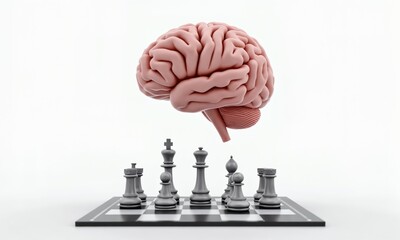 Fototapeta premium A 3D-rendered brain floating above a chessboard, with holographic chess pieces emerging from it. The clean white background emphasizes strategic thinking and problem-solving.
