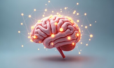 A brain made of interconnected glowing spheres and lines, shaped like a constellation. Tiny stars twinkle around it, symbolizing creative and limitless thinking on a white background.