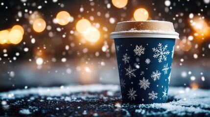 A festive coffee cup surrounded by snow and warm lights, evoking winter cheer.