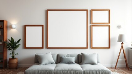 Modern living room interior with four empty wooden picture frames above a light gray sofa