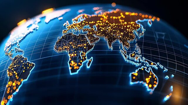 Bright city lights illuminate the globe, highlighting key locations across continents. The map reveals a stunning view of Earth's geography and urban areas after sunset