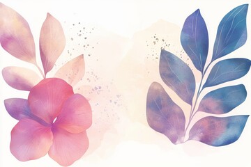 A luxurious botanical watercolor illustration with large tropical leaves and delicate orchids in shades of emerald green, bright coral, and pale yellow, accented with shimmering gold highlights 