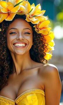 Brazilian wearing Samba Costume. Beautiful Brazilian woman wearing colorful costume and smiling during Carnaval street parade in Brazil.	