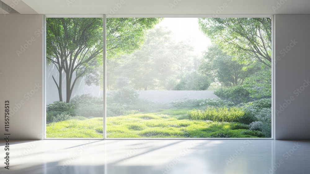 Poster bright garden view from a large window illuminating a peaceful interior space. generative ai