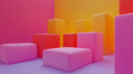 Abstract colorful blocks in a vibrant room.