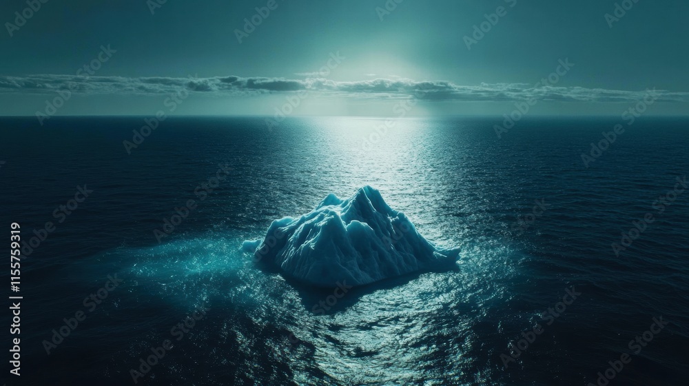 Aufkleber melting iceberg surrounded by vast blue ocean under soft sunlight reflecting on water surface. gener