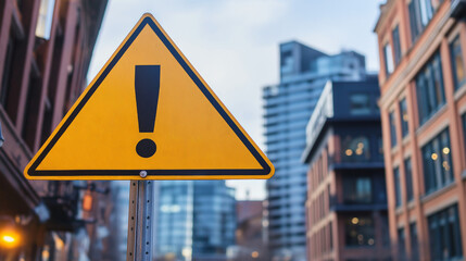 Yellow triangle traffic sign with black exclamation mark symbolizing police warning, clear and sharp with ample copy space for text or design.
