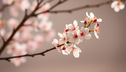 Fototapeta premium mockup of a spring postcard. blossoming cherry branch and place for text. congratulation. invitation, studio lighting. isolated with white shades