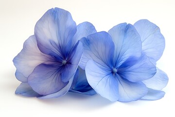 A delicate blue hydrangea cluster with soft gradients in petal colors, isolated on a clean white background.