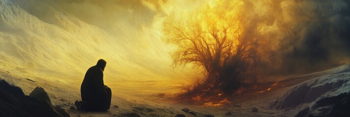 Encountering the divine light in the barren wilderness before the Burning Bush. Generative AI