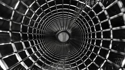 A close up of a metal mesh with a black and white color scheme. The mesh is circular in shape and has a hole in the center. Concept of mystery and intrigue