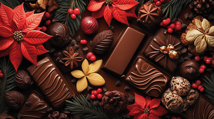 Fototapeta premium Christmas chocolates surrounded by poinsettias and pine branches