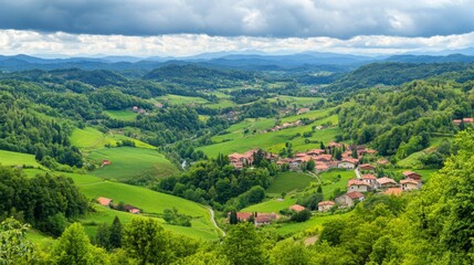 Fototapeta premium Panoramic View of Rural Farming Landscape in Soft Light