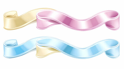 Shiny pastel pink, blue, and yellow ribbons, gift decoration or banner elements, isolated on transparent background, png