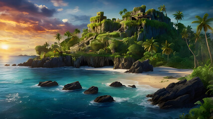 Obraz premium a mysterious island full of surprises—hidden caves, ancient ruins, and strange, mystical creatures.ai