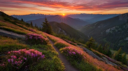 Majestic Sunset Mountain Trail Wildflowers Landscape