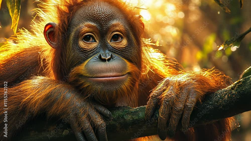 Poster young orangutan resting on a tree branch in the jungle, sunlight filtering through leaves. wildlife 