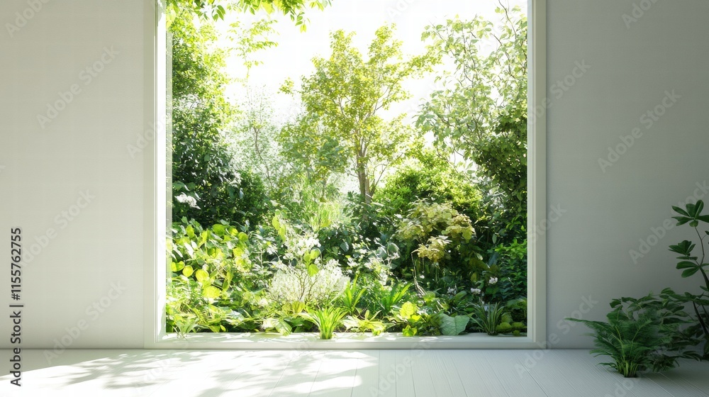 Poster bright garden view through a large window in a peaceful indoor space surrounded by greenery. generat