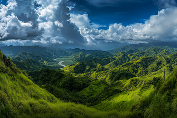 Obraz premium A picturesque view of green hills and terraced paddy fields